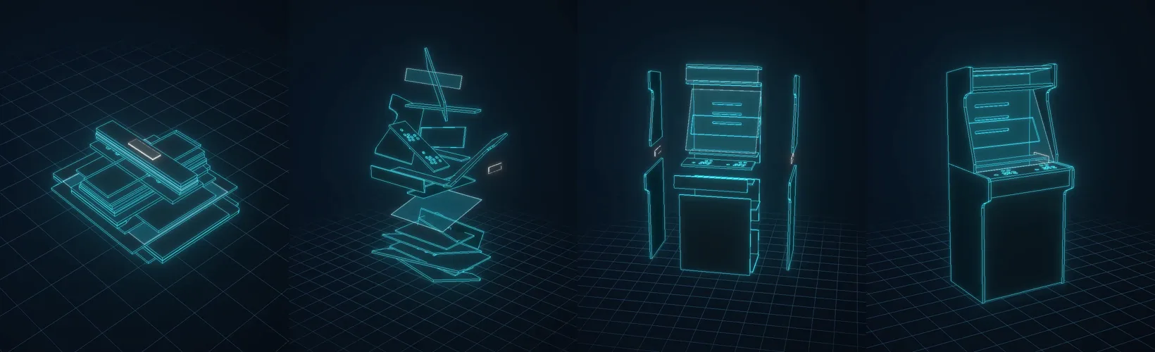 Four stages of the 3D assembly model: the flat pack of panels, the parts lifting into place, the base and top sections apart, and the finished upright cabinet