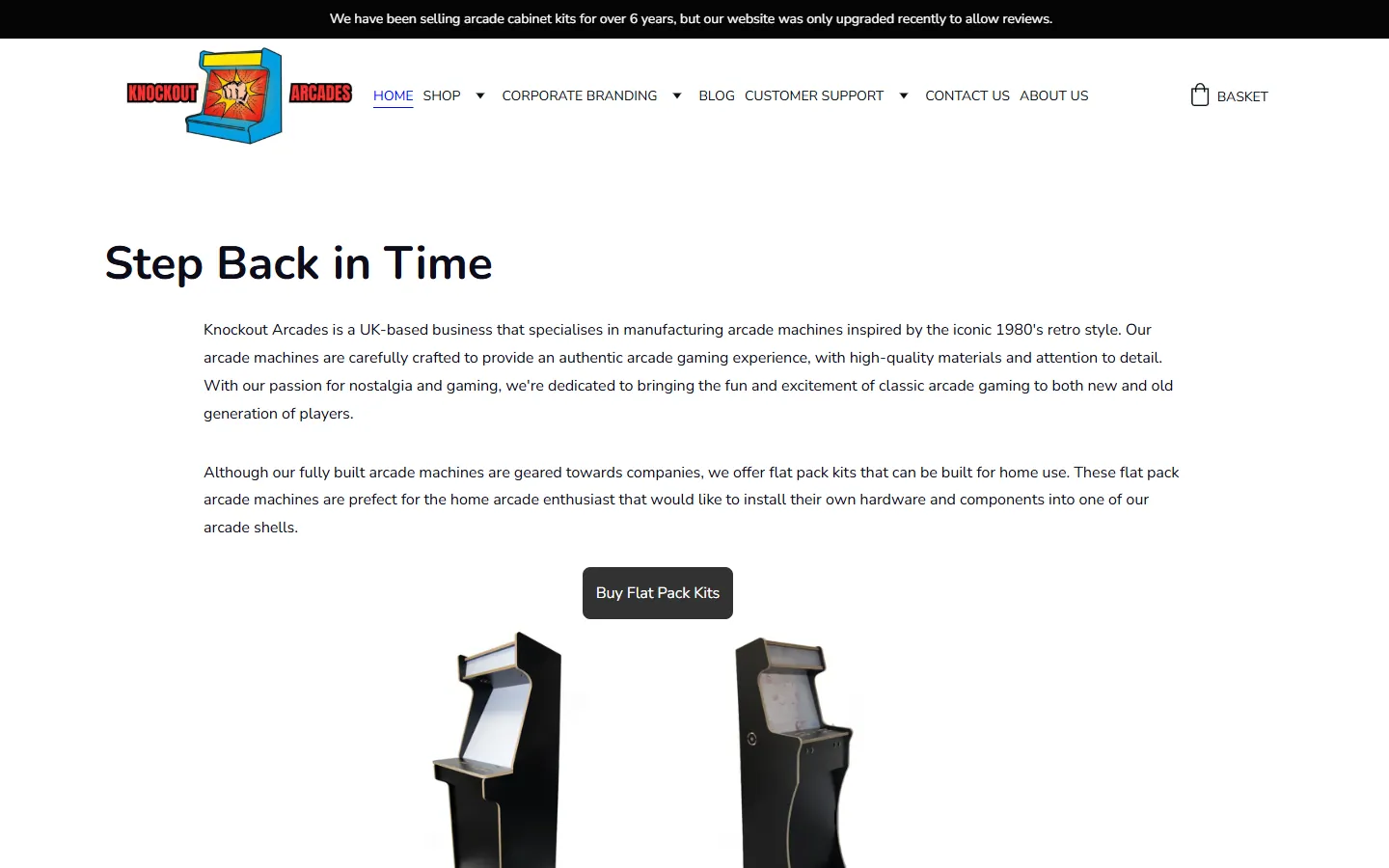 The old Knockout Arcades homepage: a white page with a busy menu including Corporate Branding, the headline Step Back in Time and two paragraphs about fully built machines for companies