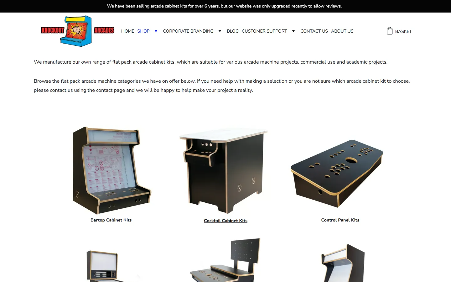 The old shop page: two paragraphs of text, including a request to use the contact page if unsure which kit to choose, above photos of three cabinet ranges