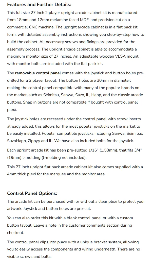 The old product description: several long paragraphs about materials, the control panel and joystick compatibility