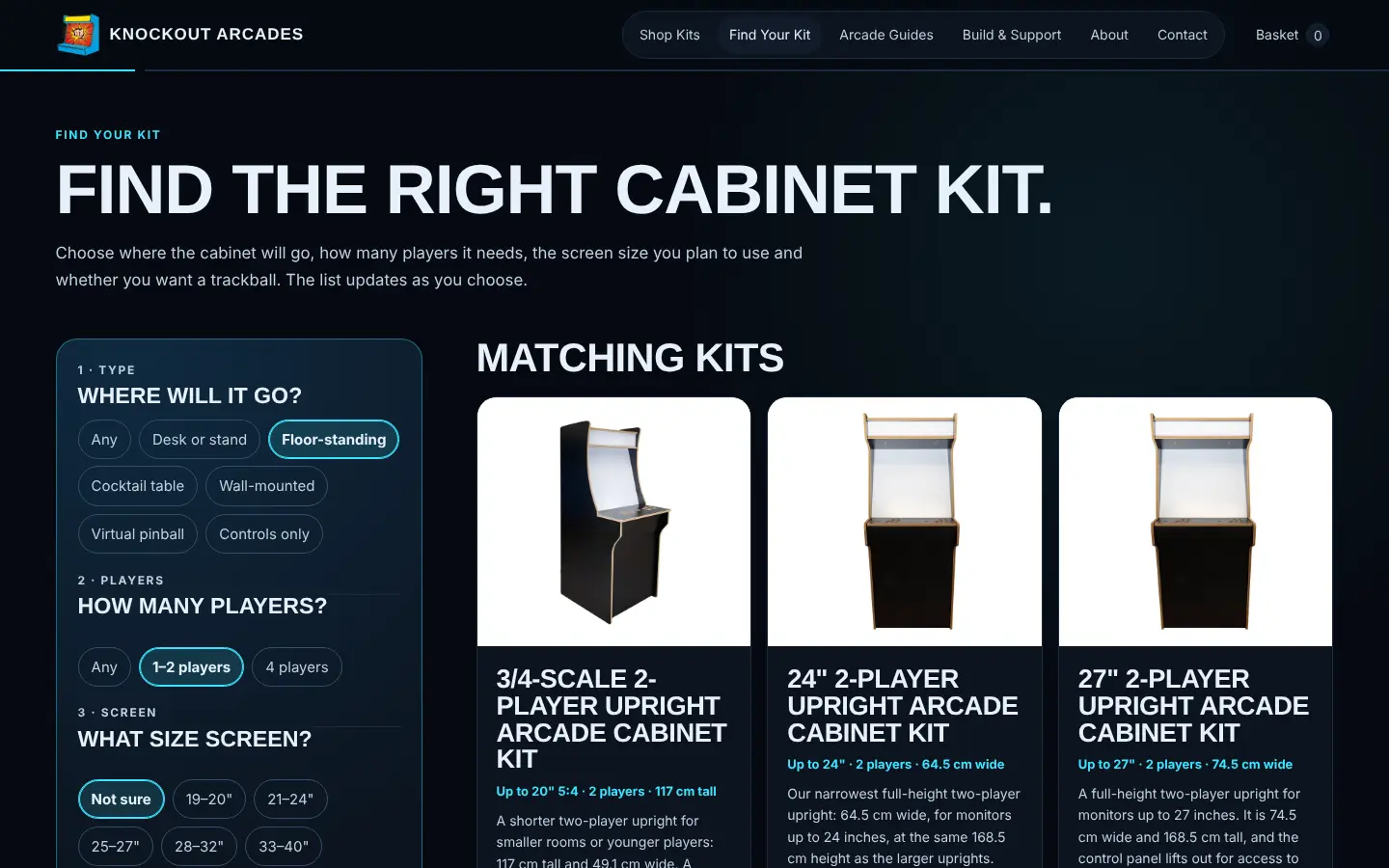 Find Your Kit: floor-standing and one to two players are selected and the matching upright cabinet kits are listed