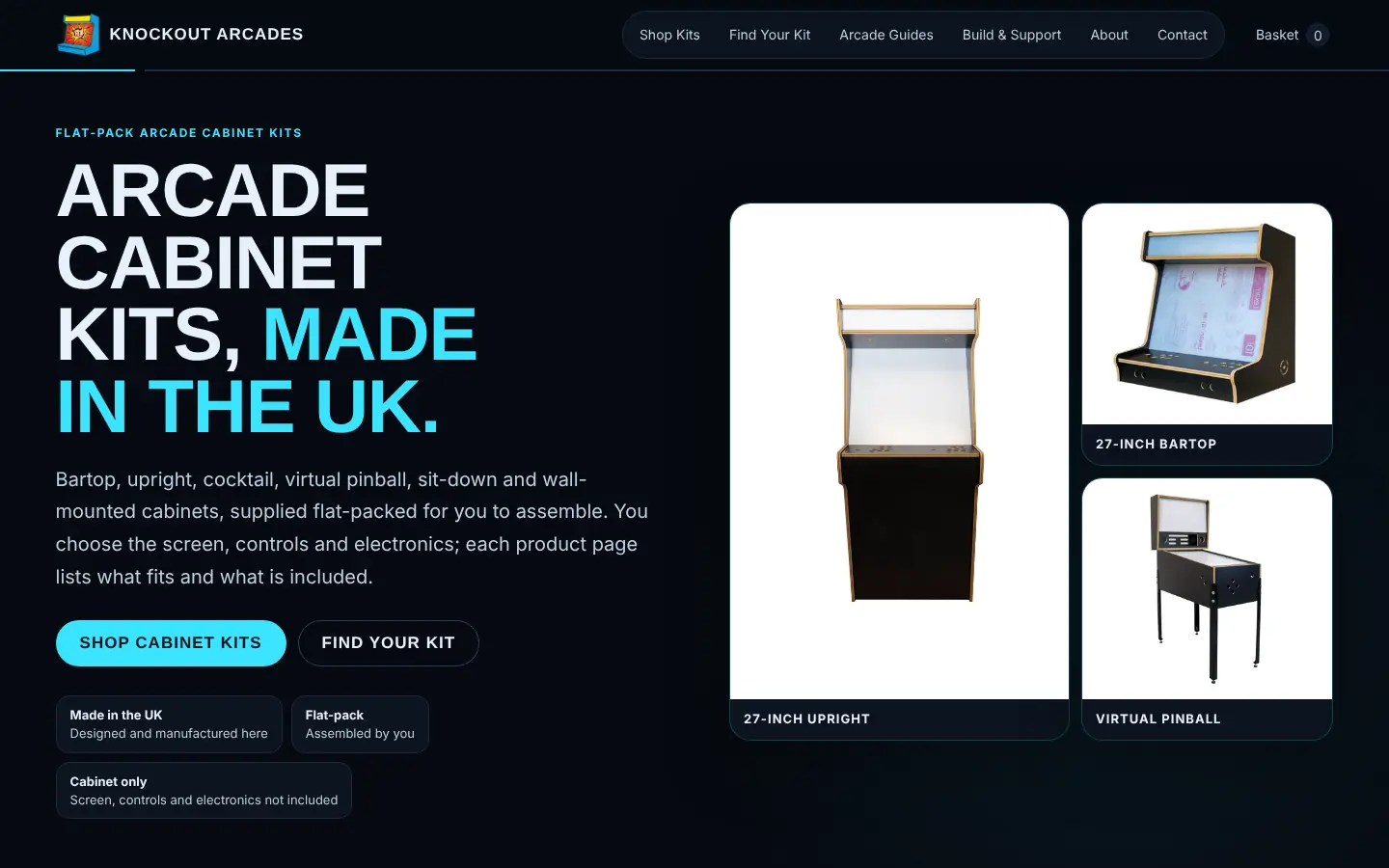 The new Knockout Arcades homepage on a desktop screen: a dark design with the headline Arcade cabinet kits, made in the UK, and photos of an upright, a bartop and a virtual pinball cabinet
