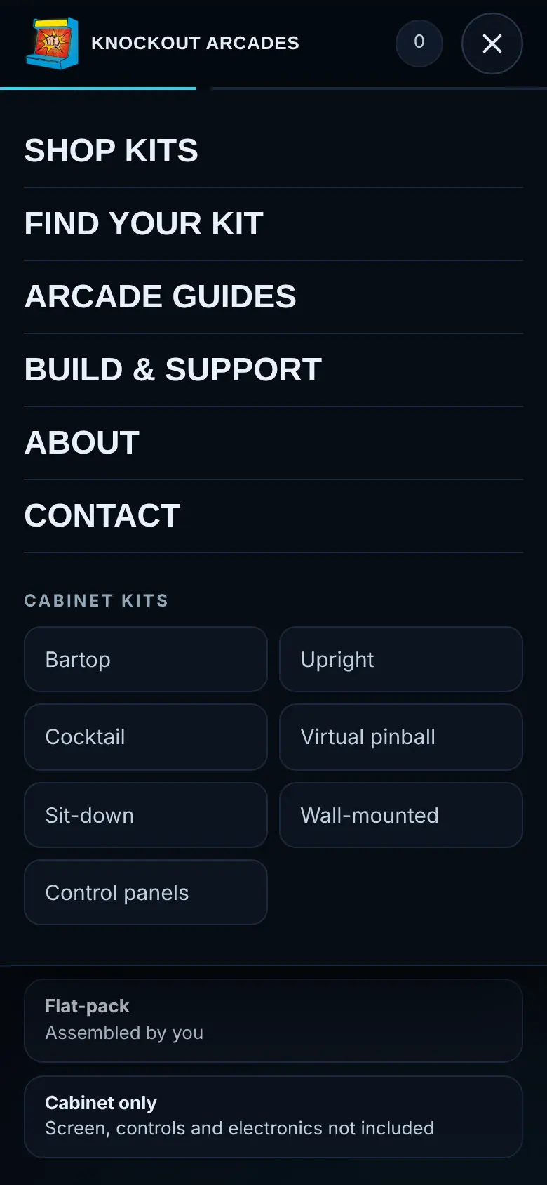 The phone menu open, with the main sections and a list of cabinet ranges
