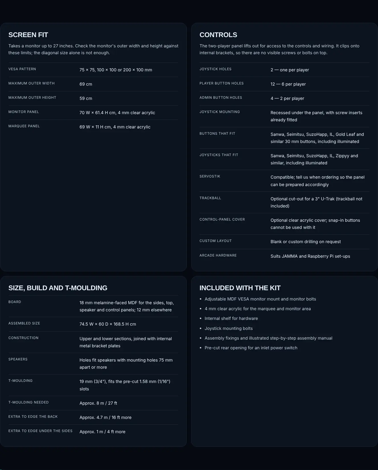 Specification cards for screen fit, controls, size and build, and the items included with the kit