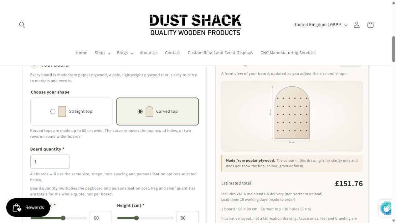 Dust Shack live pegboard configurator